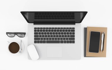 Bilgisayar notebook, gözlük, telefon, fare ve kahve fincanı beyaz arka plan üst görünümü ile Ofis masası, çalışma alanı tasarım illüstrasyon 3d render