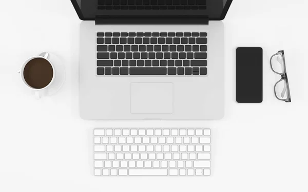 Stůl bílá kancelářka s počítačovým notebookem, klávesnicí, telefonem, kávovým šálkem a sklenicemi, pohled na plochu s výhledem na 3D vykreslování — Stock fotografie