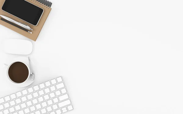 Escritorio de oficina con teclado, teléfono, libro y taza de café vista superior sobre fondo blanco, ilustración de diseño de espacio de trabajo 3D — Foto de Stock