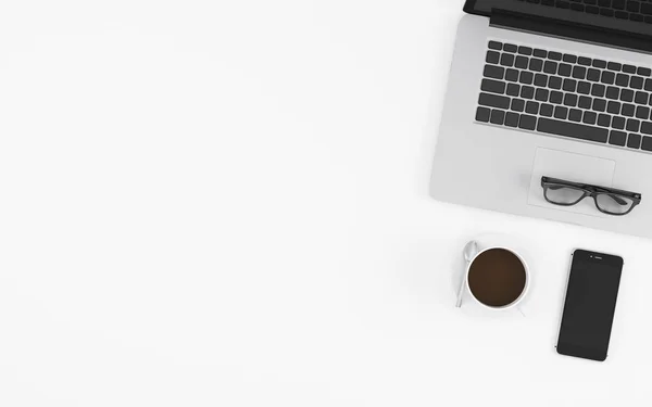 Escritorio de oficina con computadora portátil, gafas, teléfono y taza de café vista superior sobre fondo blanco, ilustración de diseño de espacio de trabajo 3D renderizado — Foto de Stock