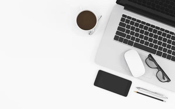 Kancelářskou desku s počítačovým notebookem, sklenicemi, telefonem, myší a horním výhledem na kávu na bílém pozadí, návrh pracovního prostoru ilustrace 3D vykreslování — Stock fotografie