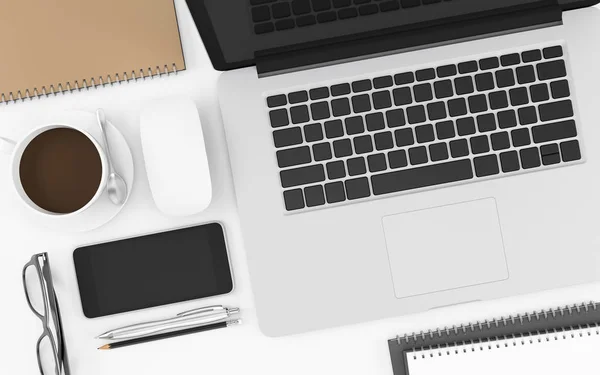 Escritorio de oficina con computadora portátil, gafas, teléfono, ratón y taza de café vista superior sobre fondo blanco, ilustración de diseño de espacio de trabajo 3D renderizado — Foto de Stock