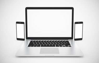 Bilgisayar, dizüstü bilgisayar, tablet, akıllı telefon, ekran. beyaz arka plan çalışma alanı üzerinde tasarım illüstrasyon 3d render kadar alay