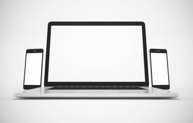 Bilgisayar, dizüstü bilgisayar, tablet, akıllı telefon, ekran. beyaz arka plan çalışma alanı üzerinde tasarım illüstrasyon 3d render kadar alay