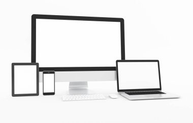 Boş Bilgisayar, dizüstü bilgisayar, tablet, akıllı telefon, klavye, beyaz arka planda fare, Mock up, resim 3d render
