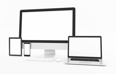 Boş Bilgisayar, dizüstü bilgisayar, tablet, akıllı telefon, klavye, beyaz arka planda fare, Mock up, resim 3d render