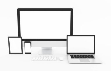 Boş Bilgisayar, dizüstü bilgisayar, tablet, akıllı telefon, klavye, beyaz arka planda fare, Mock up, resim 3d render