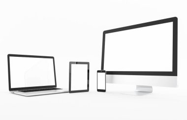 Bilgisayar, dizüstü bilgisayar, tablet, akıllı telefon, ekran. beyaz arka plan çalışma alanı üzerinde tasarım illüstrasyon 3d render kadar alay