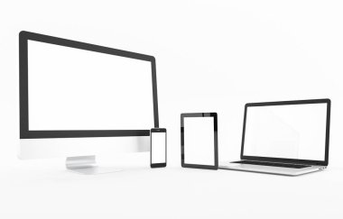 Bilgisayar, dizüstü bilgisayar, tablet, akıllı telefon, ekran. beyaz arka plan çalışma alanı üzerinde tasarım illüstrasyon 3d render kadar alay