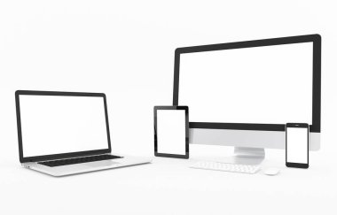 Bilgisayar, dizüstü bilgisayar, tablet, akıllı telefon, ekran. beyaz arka plan çalışma alanı üzerinde tasarım illüstrasyon 3d render kadar alay