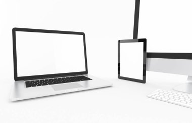Bilgisayar, dizüstü bilgisayar, tablet, akıllı telefon, ekran. beyaz arka plan çalışma alanı üzerinde tasarım illüstrasyon 3d render kadar alay