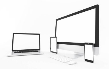 Bilgisayar, dizüstü bilgisayar, tablet, akıllı telefon, ekran. beyaz arka plan çalışma alanı üzerinde tasarım illüstrasyon 3d render kadar alay