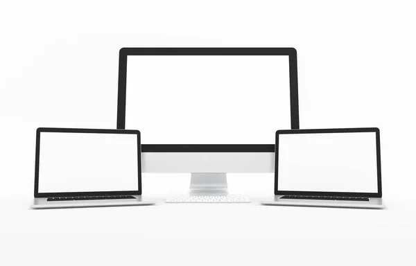 Pusty komputer, laptop, klawiatura, mysz na białym tle, makiety, ilustracja renderowania 3D — Zdjęcie stockowe