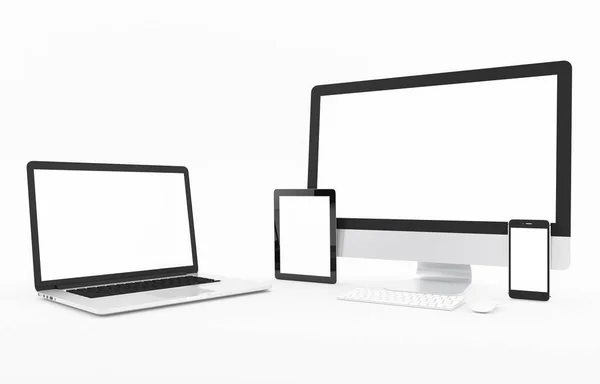 Ordinateur, ordinateur portable, tablette, smartphone, écran. sur fond blanc espace de travail maquette illustration de conception rendu 3D — Photo
