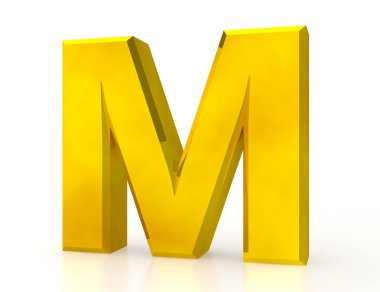 Beyaz arkaplandaki altın harfli M harfi 3D görüntüleme