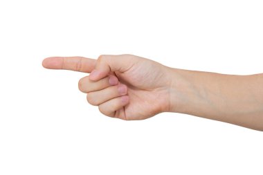 Kırpma yolu ile beyaz arka plan üzerinde izole bir parmak gösteren adam el.