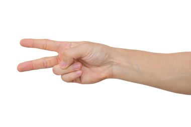 Kırpma yolu ile beyaz arka plan üzerinde izole iki parmak gösteren adam el.