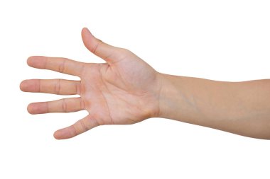 Kırpma yolu ile beyaz arka plan üzerinde izole beş parmak gösteren adam el.