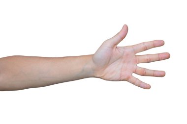 Kırpma yolu ile beyaz arka plan üzerinde izole beş parmak gösteren adam el.