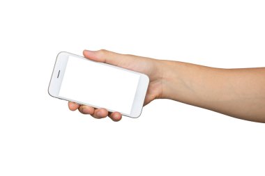 Beyaz arkaplanda izole edilmiş, kırpma yolu olan akıllı telefonu tutan adam.