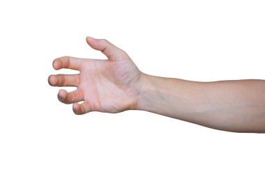 kırpma yolu ile beyaz arka plan üzerinde izole bir şişe veya akıllı telefon gibi bir şey tutan bir el.