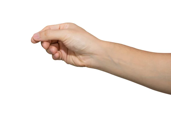 Mano de hombre sosteniendo aislado sobre fondo blanco con camino de recorte. — Foto de Stock