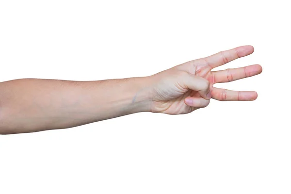 Mano de hombre mostrando tres dedos aislados sobre fondo blanco con camino de recorte . — Foto de Stock