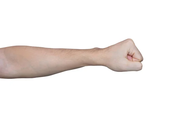 Mão de homem com punho isolado no fundo branco com caminho de recorte . — Fotografia de Stock