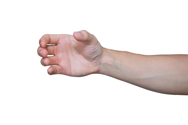 En hand som håller något som liknar en flaska eller smartphone isolerad på vit bakgrund med urklippsbana. — Stockfoto