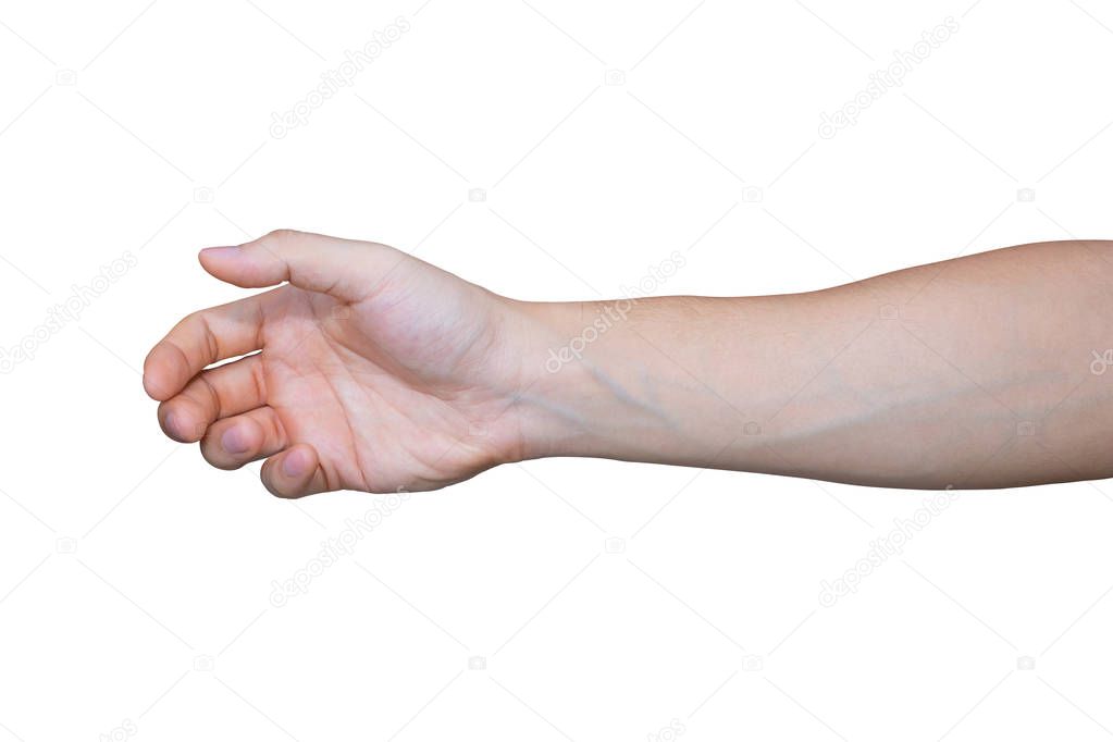 a hand holding something like a bottle or smartphone isolated on white background with clipping path.