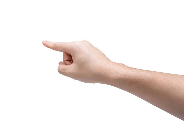 Mano de hombre tocando aislado sobre fondo blanco con camino de recorte . — Foto de Stock