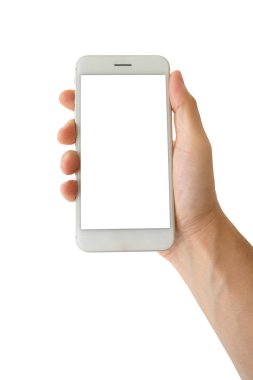 Beyaz arkaplanda izole edilmiş, kırpma yolu olan akıllı telefonu tutan adam.