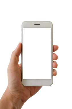 Beyaz arkaplanda izole edilmiş, kırpma yolu olan akıllı telefonu tutan adam.