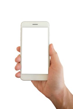 Beyaz arkaplanda izole edilmiş, kırpma yolu olan akıllı telefonu tutan adam.