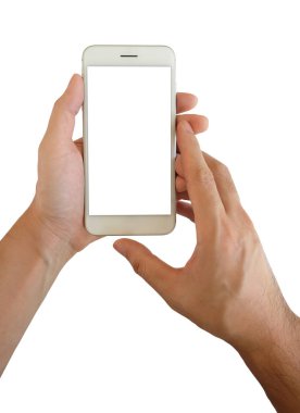Beyaz arka planda izole edilmiş boş ekrana sahip akıllı telefonu tutan ve dokunan adam eli tutma, kırpma yolu.