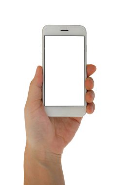 Beyaz arkaplanda izole edilmiş, kırpma yolu olan akıllı telefonu tutan adam.