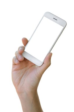 Beyaz arkaplanda izole edilmiş, kırpma yolu olan akıllı telefonu tutan adam.