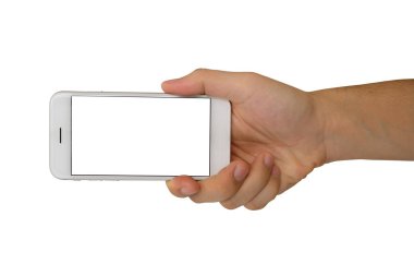 Beyaz arkaplanda izole edilmiş, kırpma yolu olan akıllı telefonu tutan adam.