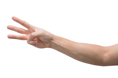 Kırpma yolu ile beyaz arka plan üzerinde izole üç parmak gösteren adam el.