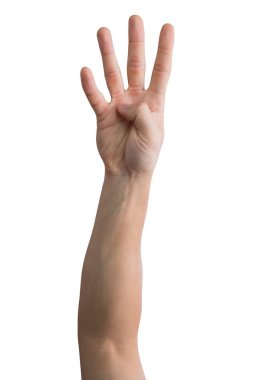 Kırpma yolu ile beyaz arka plan üzerinde izole dört parmak gösteren adam el.