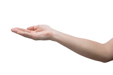 Kırpma yolu olan beyaz arkaplanda elle izole edilmiş bir adam.