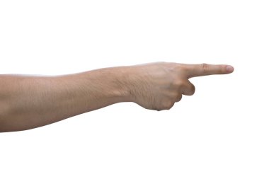 Kırpma yolu ile beyaz arka plan üzerinde izole bir parmak gösteren adam el.