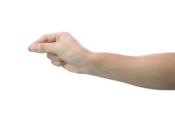 Mano de hombre sosteniendo, aislado sobre fondo blanco con camino de recorte . — Foto de Stock