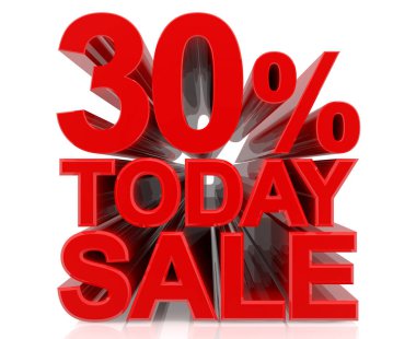 Beyaz arkaplan illüstrasyonunda bugün% 30 indirimli kelime 3D görüntüleme