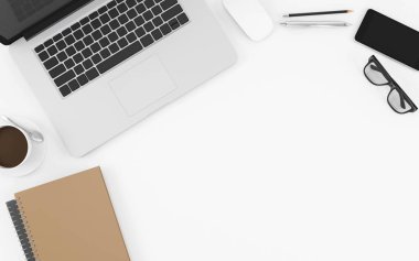 Bilgisayar defteri, telefon, bardak ve kahve fincanı olan beyaz ofis masası, kopya uzay tasarımı resimleme 3d