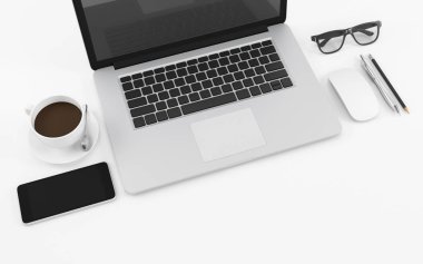 Bilgisayar defteri, telefon, bardak ve kahve fincanı olan beyaz ofis masası, çalışma alanı tasarımı 3D çizim