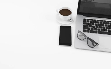 Bilgisayar defteri, gözlük, telefon ve kahve fincanı olan beyaz ofis masası, kopya uzay tasarımı resimleme 3d