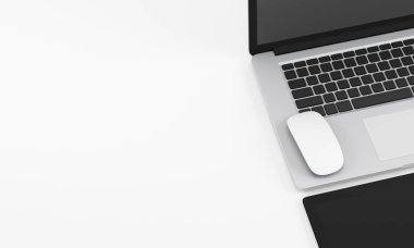 Bilgisayar defteri, gözlük, telefon ve kahve fincanı olan beyaz ofis masası, kopya uzay tasarımı resimleme 3d