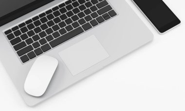 Bilgisayarlı, fareli ve telefonlu beyaz ofis masası, çalışma alanı tasarımı resimleme 3d
