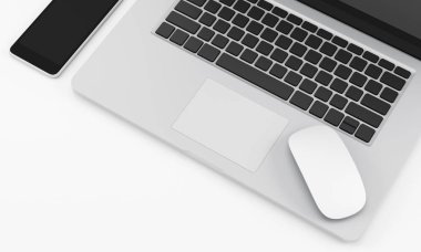 Bilgisayarlı, fareli ve telefonlu beyaz ofis masası, çalışma alanı tasarımı resimleme 3d